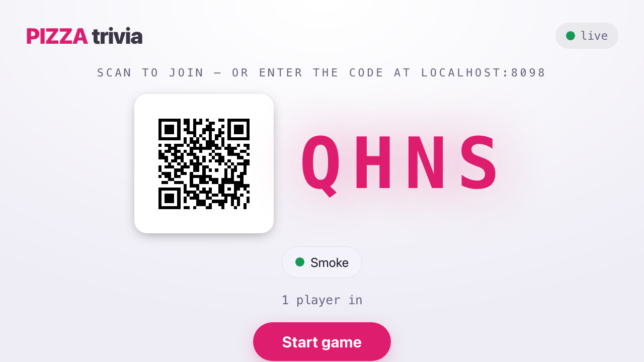 The host lobby screen with a QR code, a four-letter room code, and one player named Smoke joined