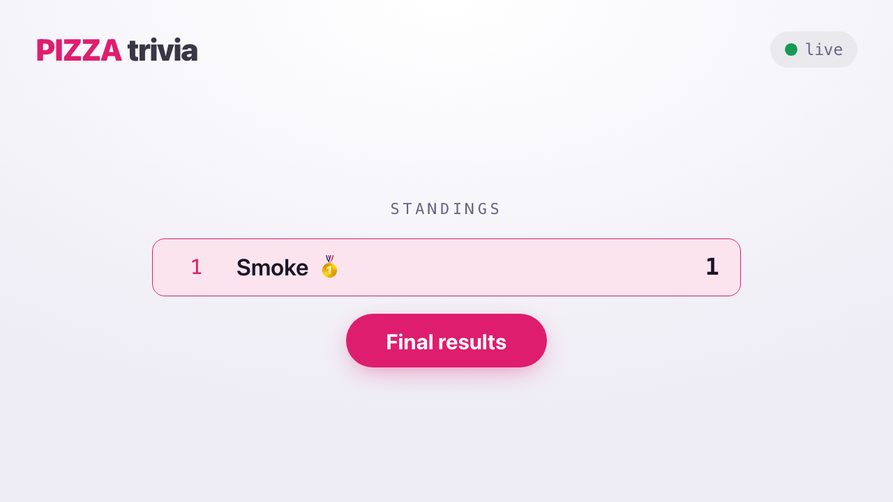 The host screen paused at the standings, showing player Smoke in first place and a Final results button