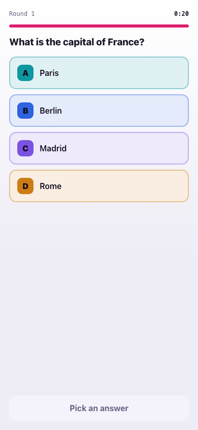 The player phone mid-round in light theme: a question with four tinted answer options labeled A through D