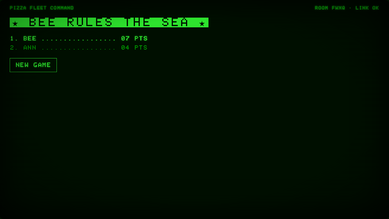 Green CRT host wall reading star BEE RULES THE SEA over final standings: BEE 07 points, ANN 04 points, with a New Game control