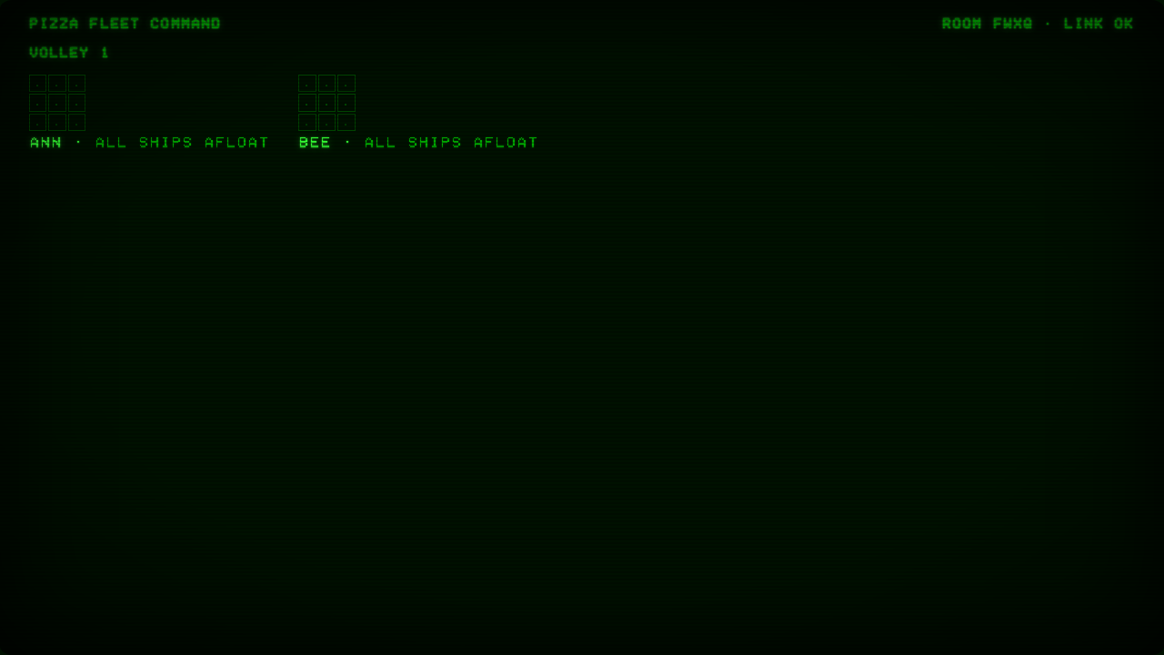 Green CRT host wall during Volley 1: two side-by-side 3 by 3 fleet grids labelled ANN and BEE, both reading ALL SHIPS AFLOAT