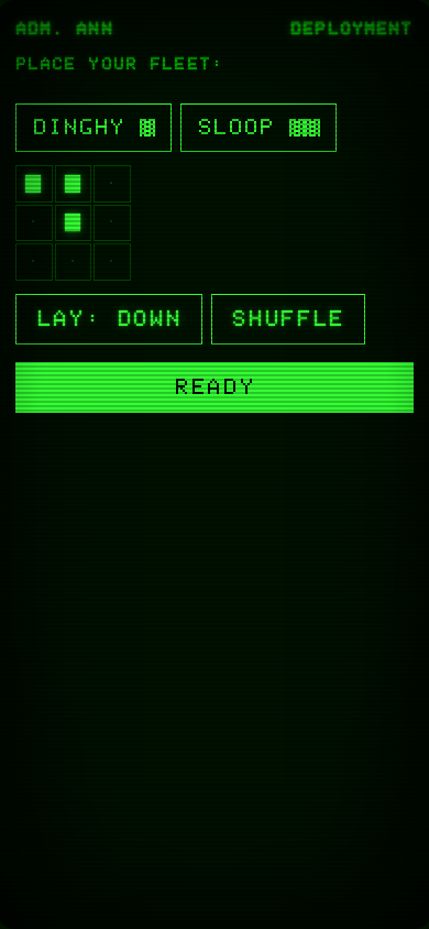 Phone deployment screen: DINGHY and SLOOP buttons, a 3 by 3 grid with two ships placed, Lay Down and Shuffle controls, a Ready button