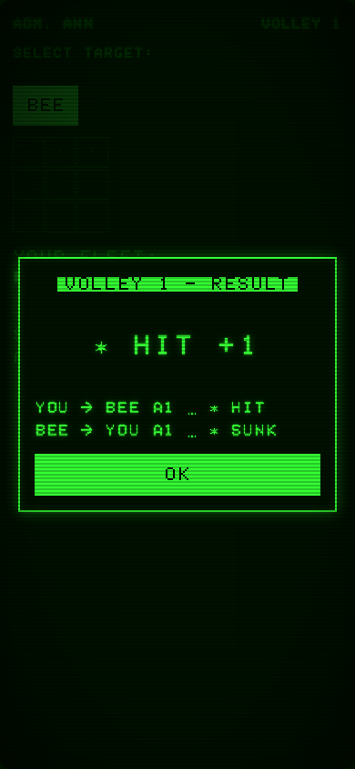 Volley result modal over the targeting screen: HIT +1, a log reading YOU to BEE A1 HIT and BEE to YOU A1 SUNK, one OK key