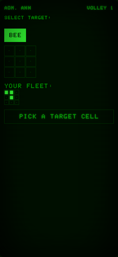 Phone targeting screen: opponent BEE's fog-of-war grid above the player's own fleet strip, prompt reading PICK A TARGET CELL