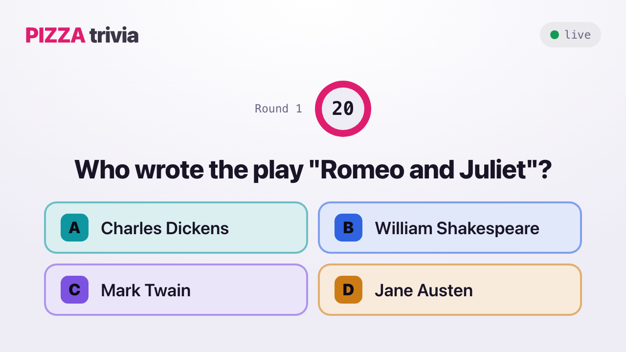 Trivia host screen in plum: Round 1, a 20-second countdown ring, the question Who wrote Romeo and Juliet, four labelled answer tiles
